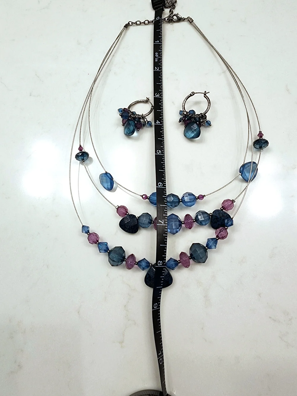 Napier Blue Purple Beaded Necklace  Matching Earrings Set Multi-Strand Statement